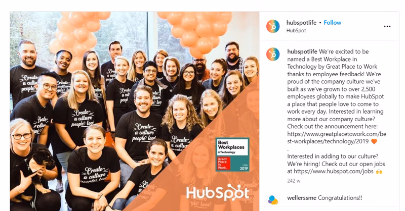Top Job Advertisements Examples - Hubspot's "Best Place to Work Award" job post
