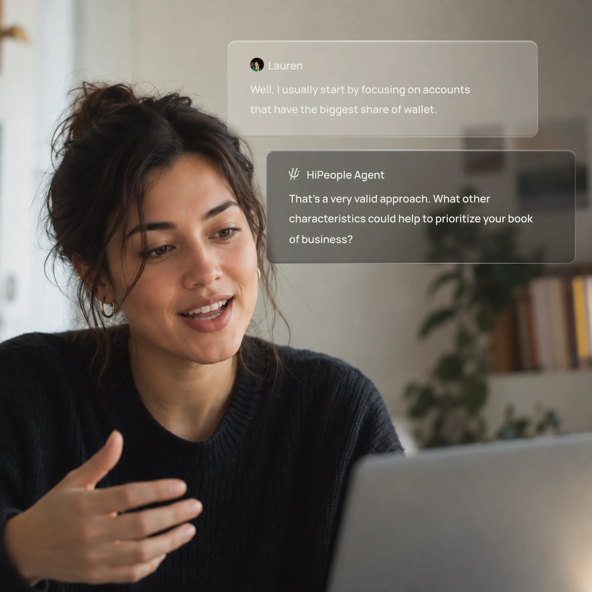 A candidate in an AI screening interview, the agent following up on their answer in chat.