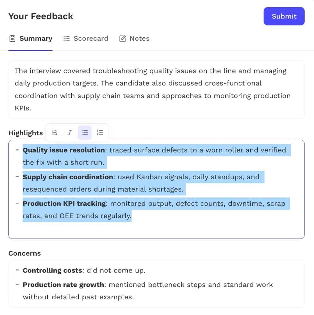 Interview feedback with highlighted notes on quality issues, supply chain coordination, and production KPIs.