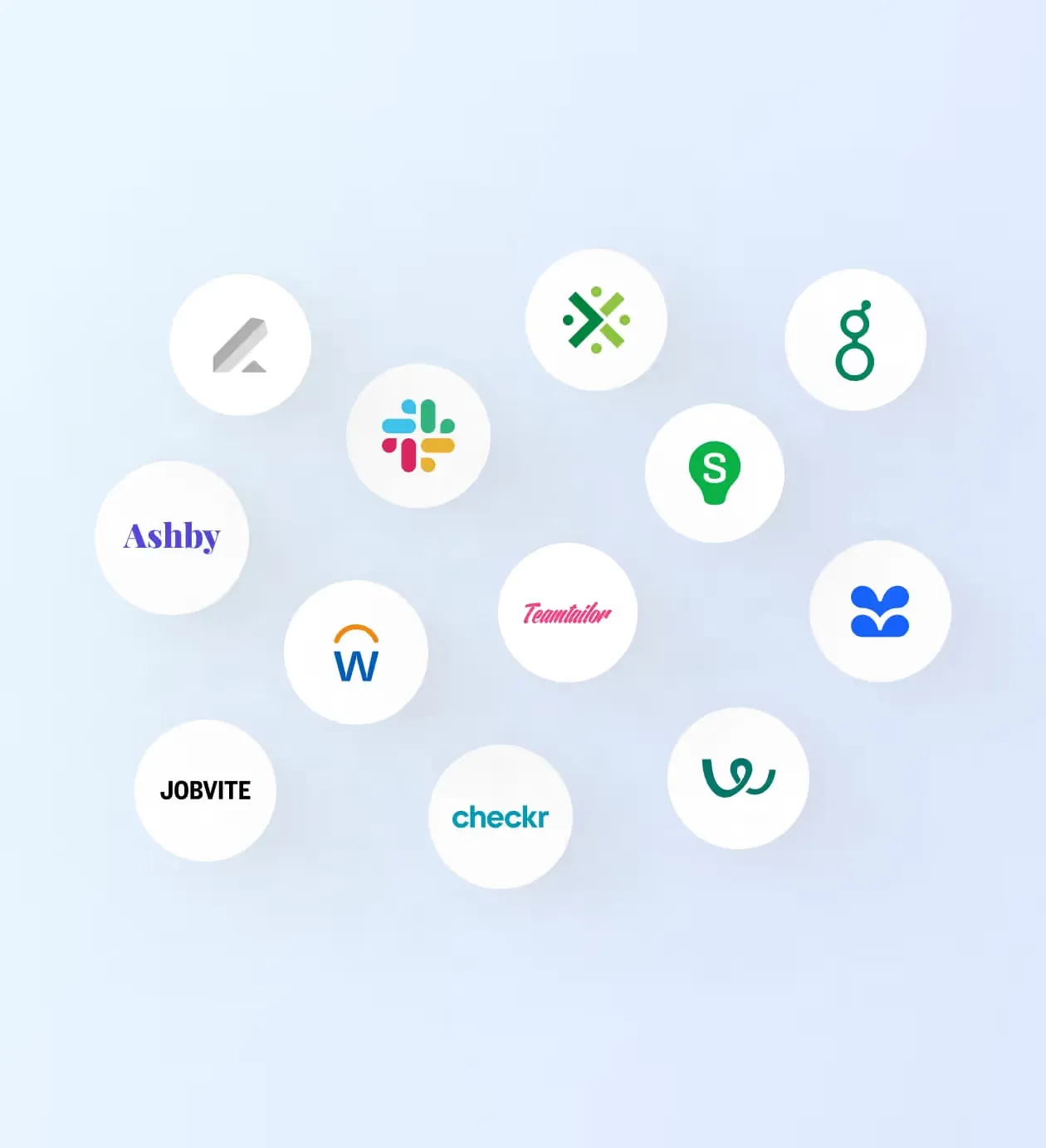 Logos of business and communication apps HiPeople integrates with, including Slack, Jobvite, and Checkr.