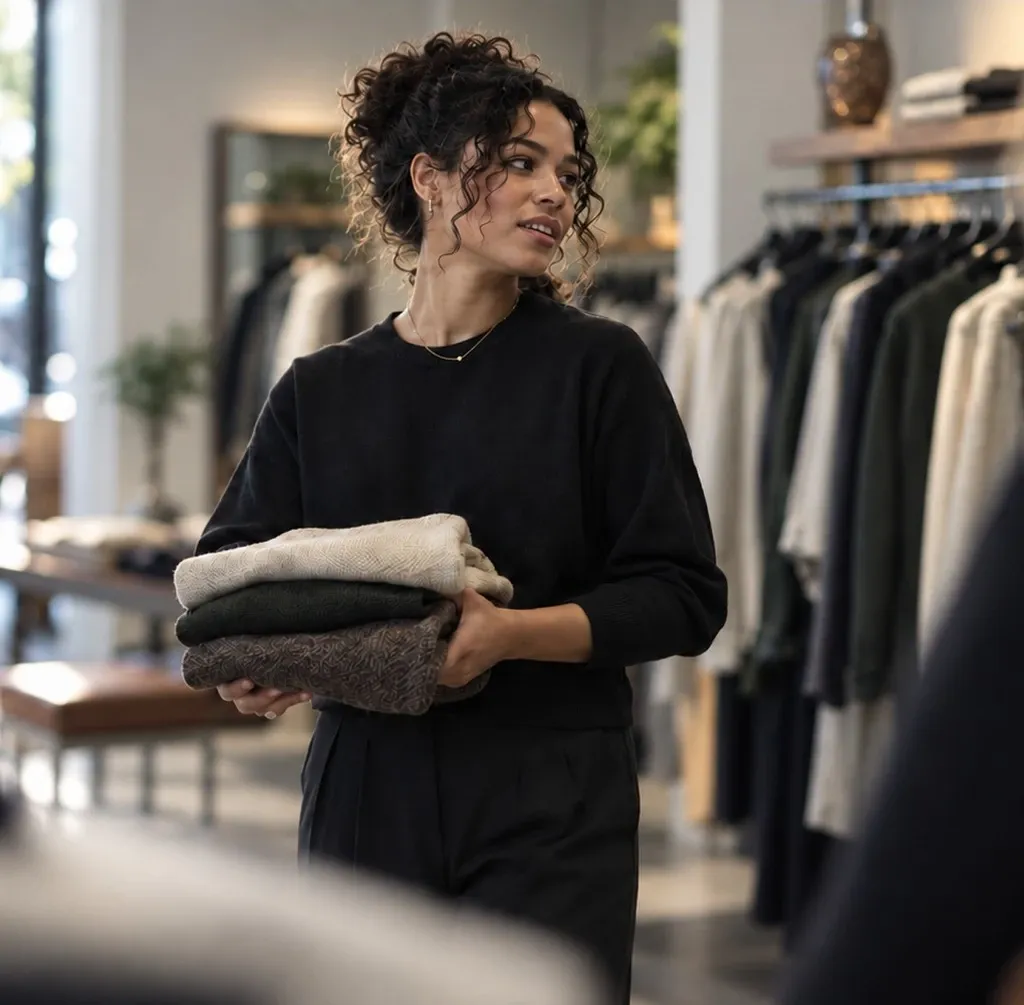 A retail associate carrying folded knits on the shop floor