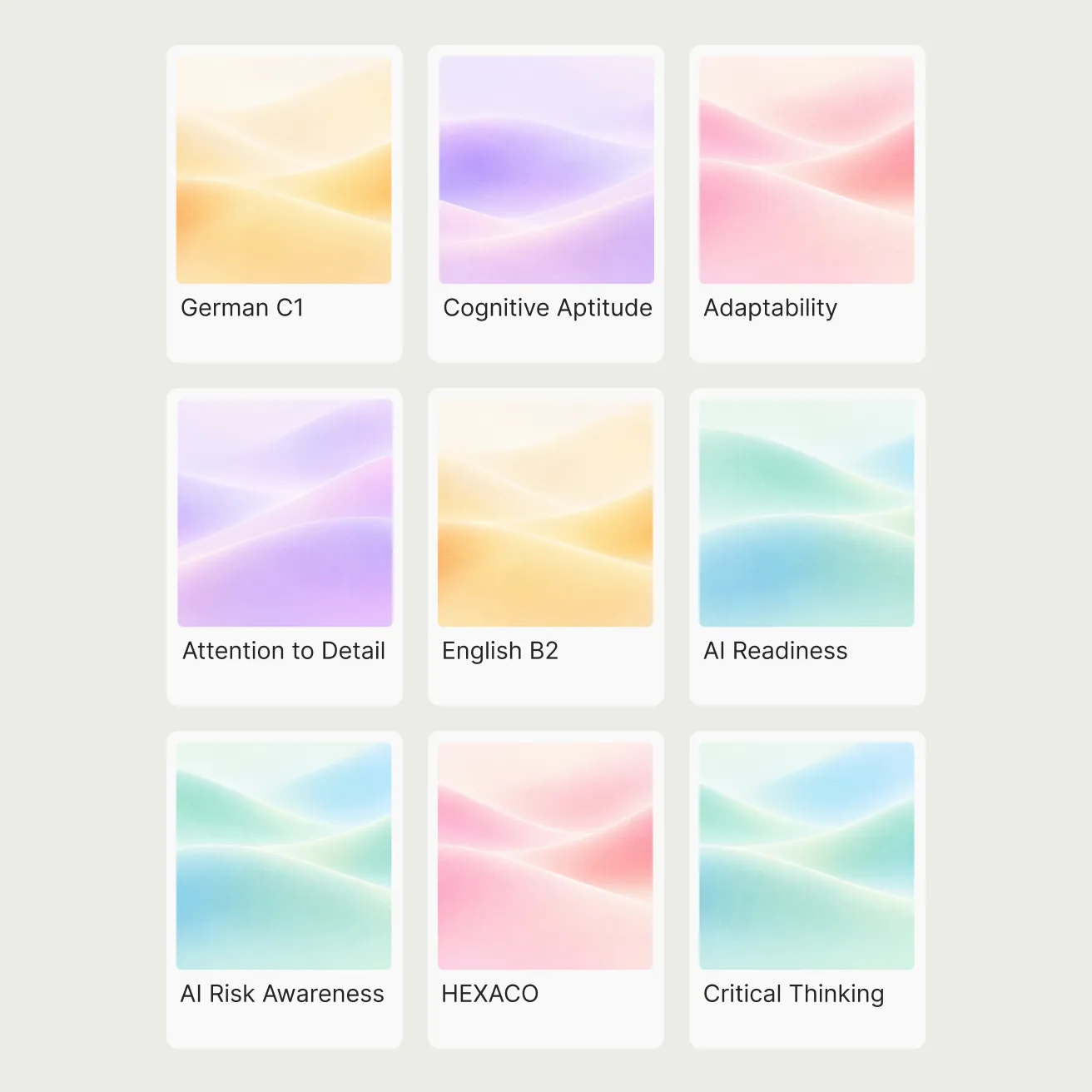 The HiPeople test library: a grid of assessment cards including German C1, Cognitive Aptitude, Adaptability, Attention to Detail, English B2 and Critical Thinking.