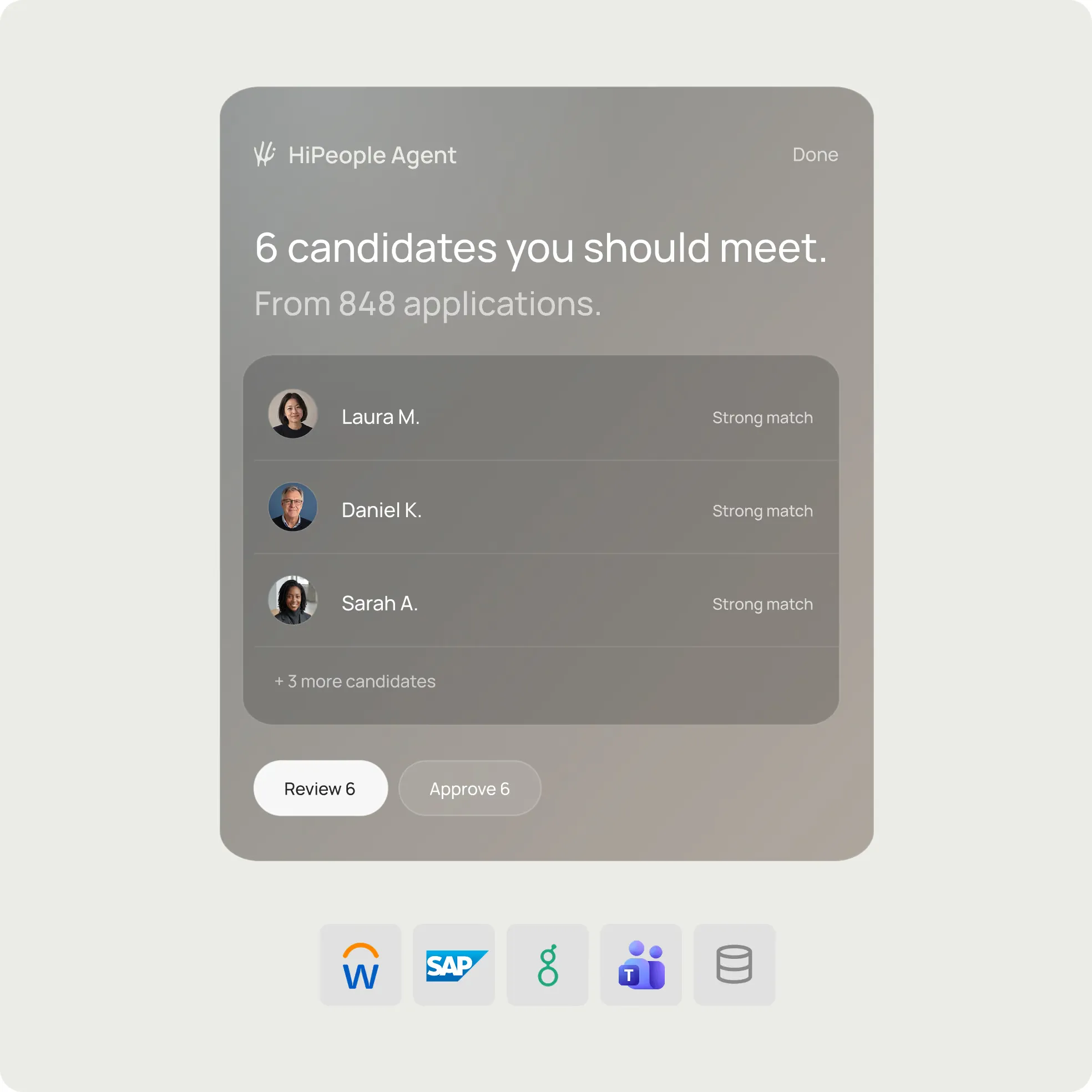 HiPeople's agent shortlisting the candidates to meet, synced with the team's tools.