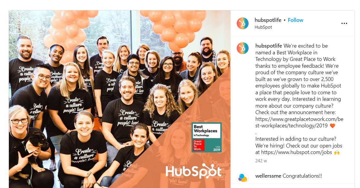 Top Job Advertisements Examples - Hubspot's "Best Place to Work Award" job post