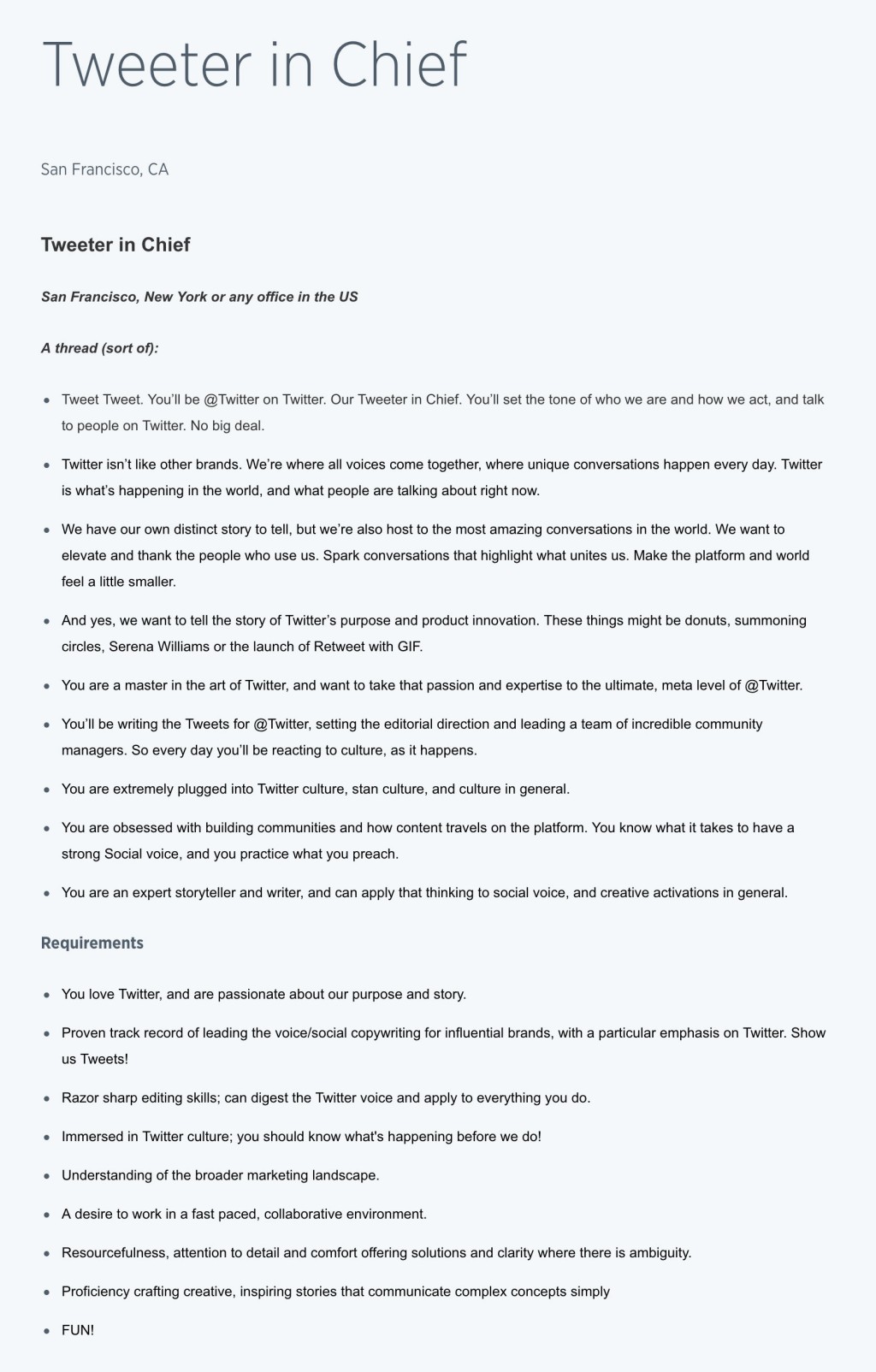 Top Job Advertisements Examples - Twitter's "Tweeter in Chief" job ad